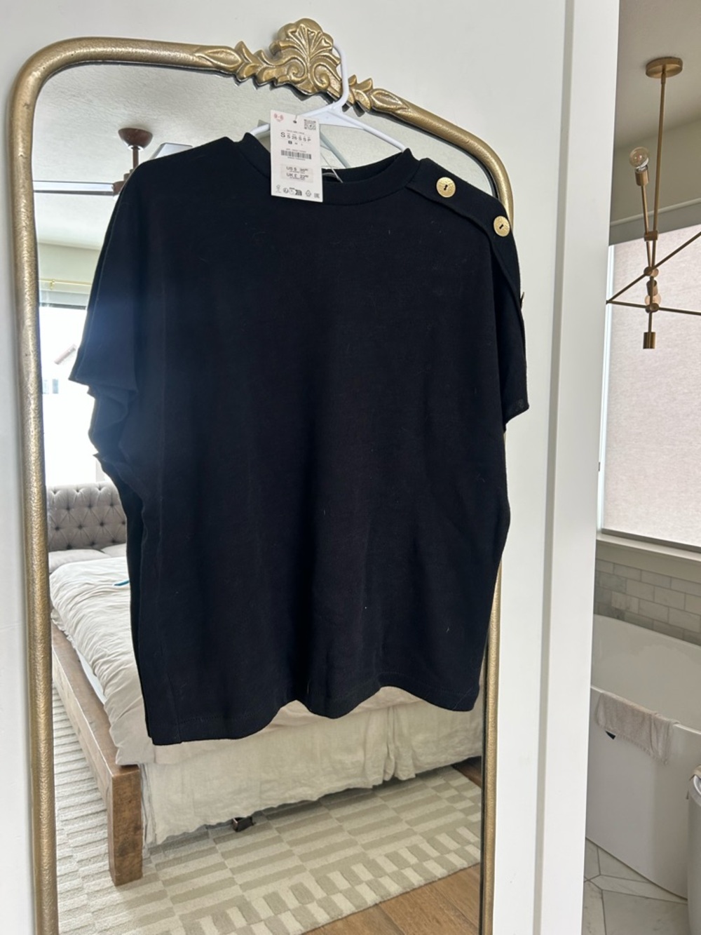 Zara Black Short Sleeve Top with Gold Buttons and Skirt to Match